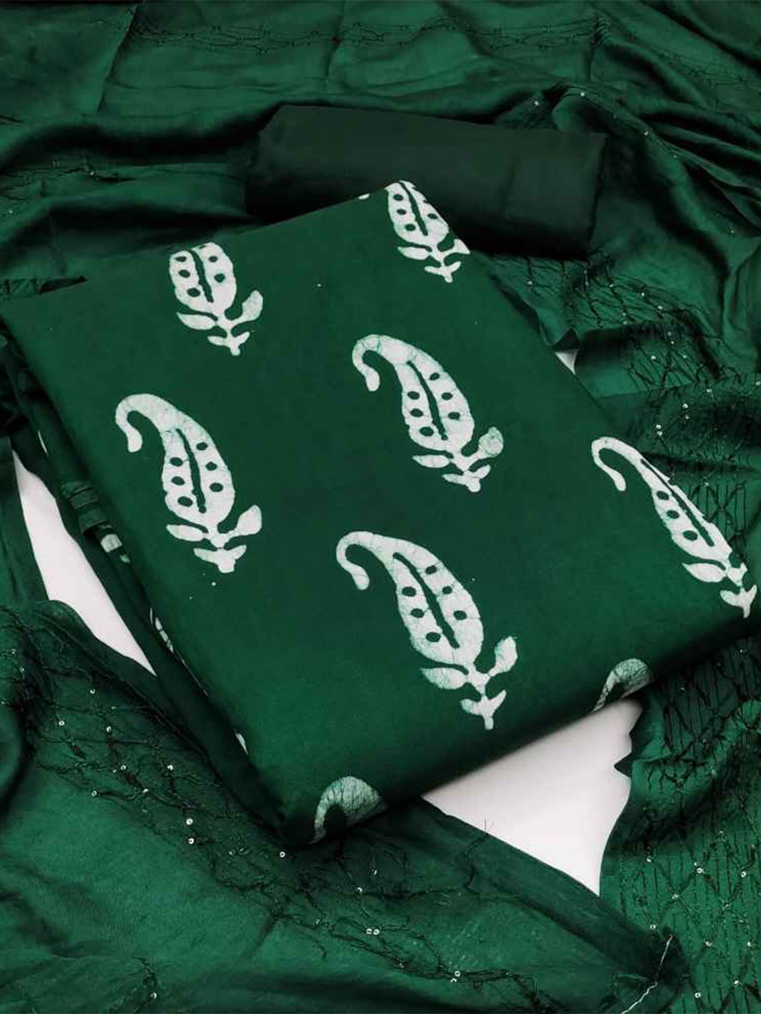 

faxofab Paisley Batik Printed Silk Georgette Unstitched Dress Material, Green