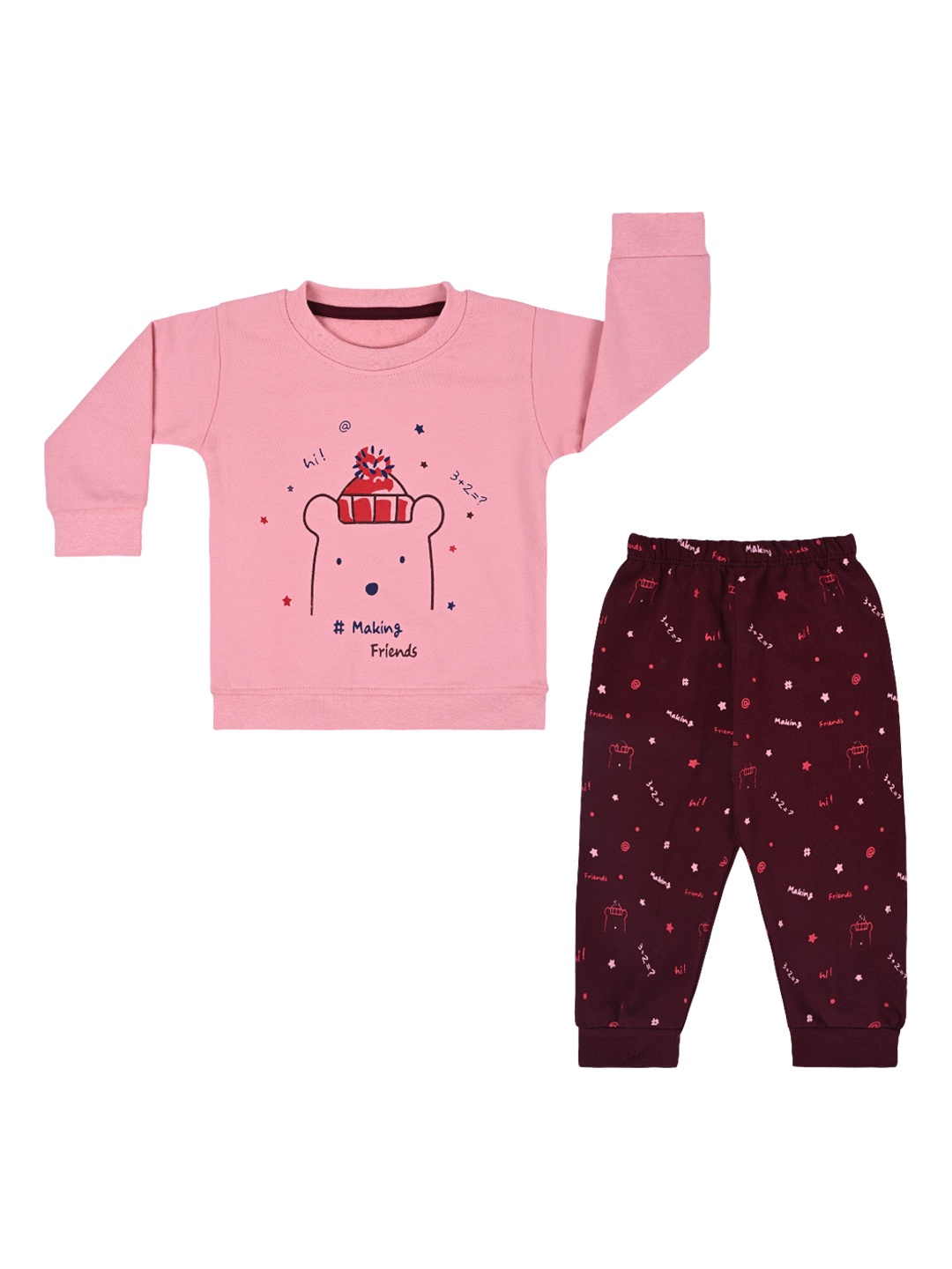 

Wish Karo Kids Printed Cotton T-shirt With Pyjamas, Burgundy