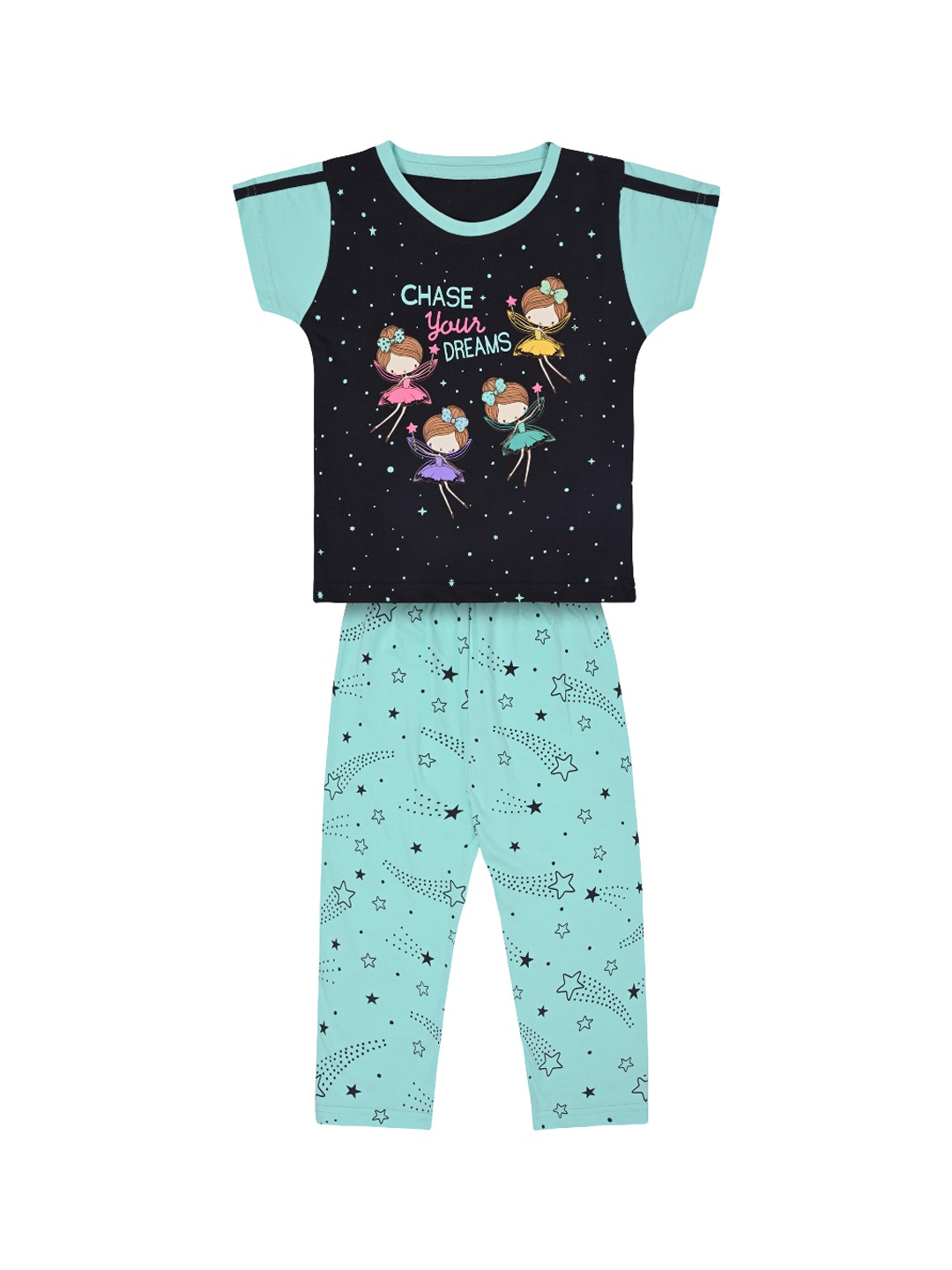 

Wish Karo Girls Printed Cotton T-shirt With Pyjamas, Green