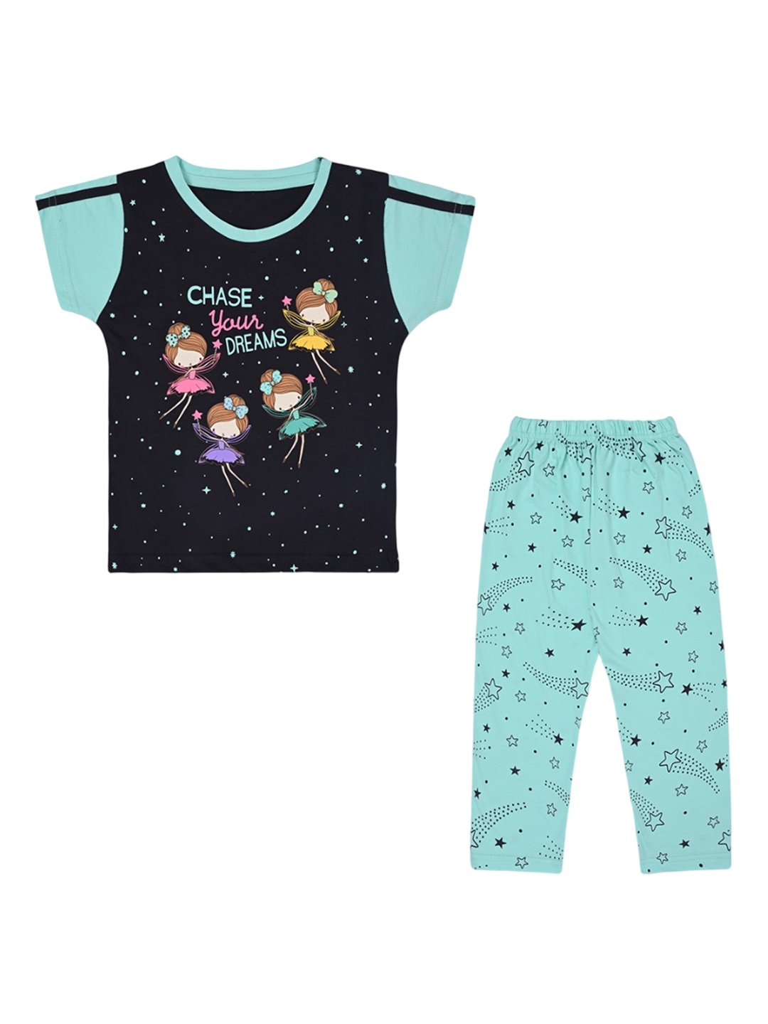 

Wish Karo Girls Printed Cotton T-shirt With Pyjamas, Green