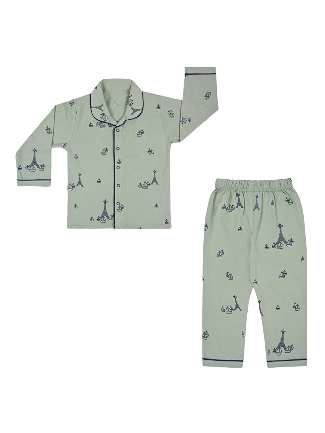 

Wish Karo Kids Printed Cotton Shirt With Pyjamas, Green