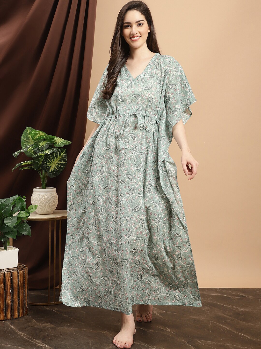 

Boston Club Ethnic Motifs Printed V-Neck Pure Cotton Maxi Nightdress, Green