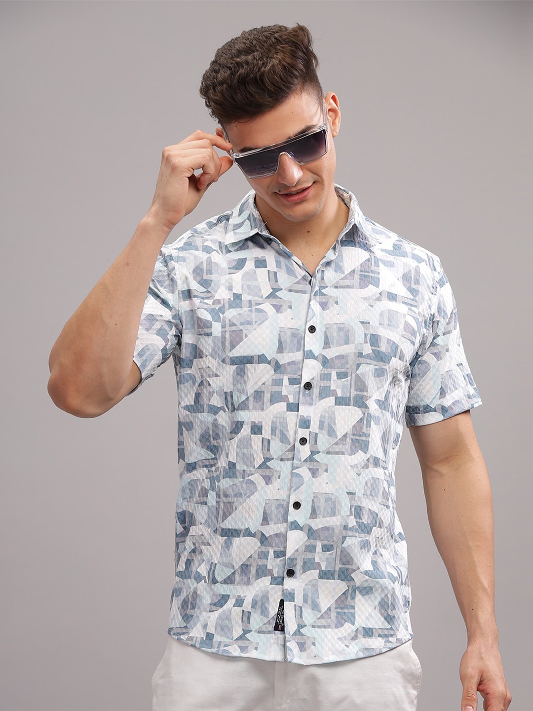 

PAUL STREET Spread Collar Short Sleeves Standard Slim Fit Abstract Printed Casual Shirt, Blue