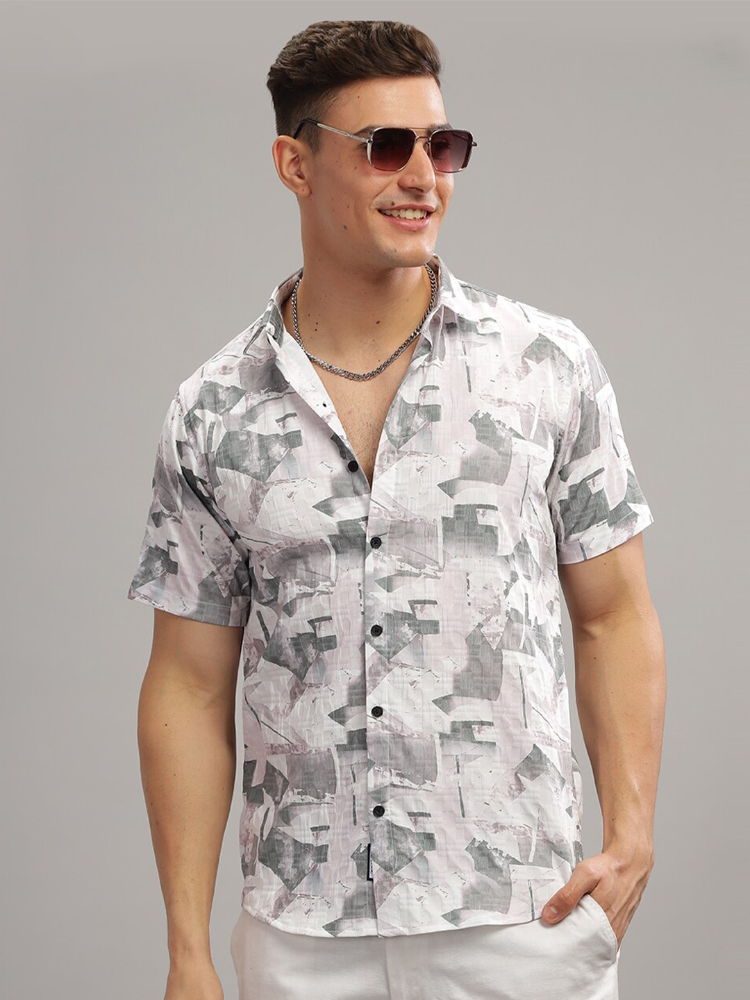 

PAUL STREET Spread Collar Short Sleeves Standard Slim Fit Abstract Printed Casual Shirt, Grey