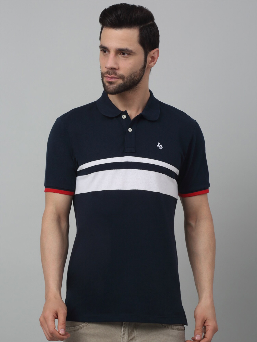 

Cantabil Striped Polo Collar Half Sleeves Cotton Casual T-Shirt, Navy blue