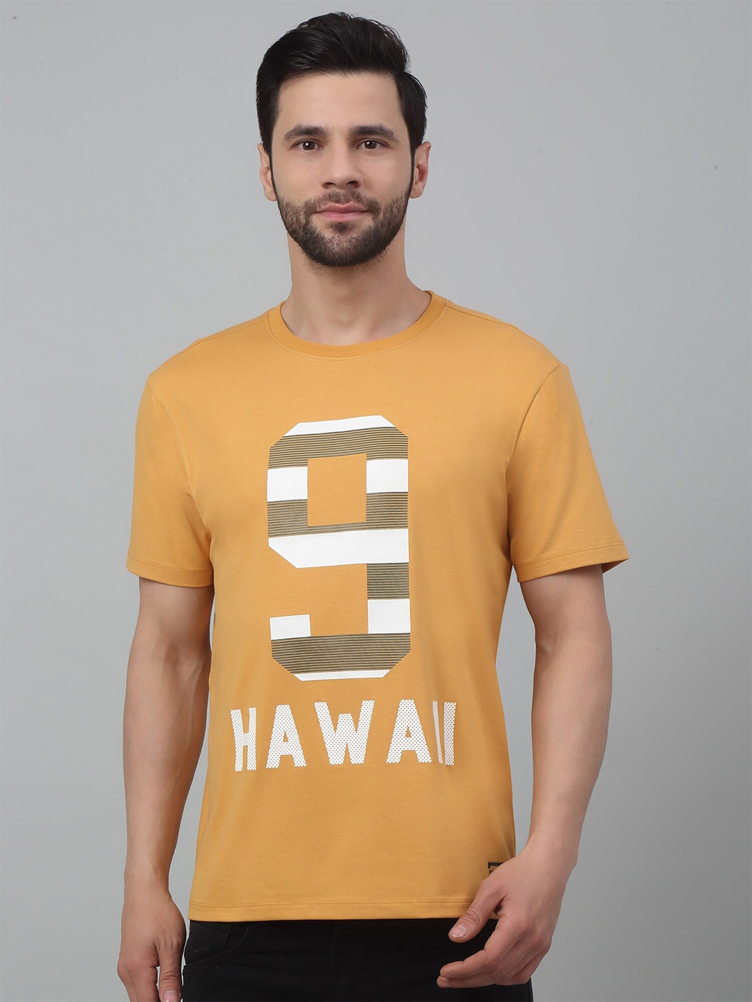 

Cantabil Typography Printed Round Neck Half Sleeves Cotton T-Shirt, Mustard