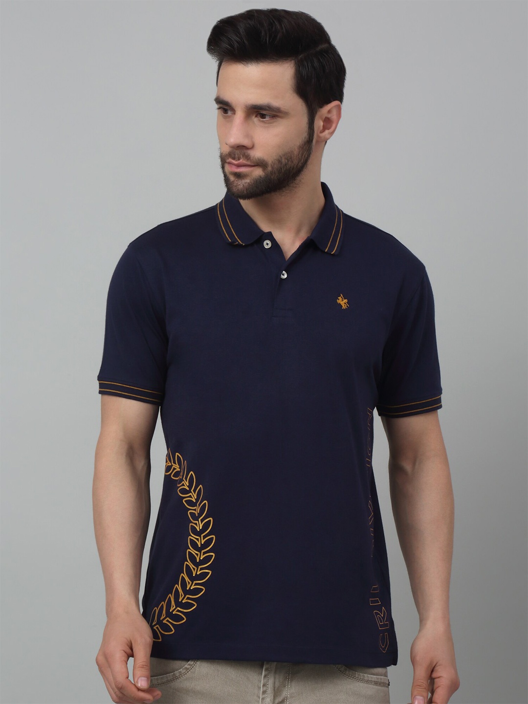 

Cantabil Typography Printed Polo Collar Round Neck Half Sleeves Cotton T-Shirt, Navy blue