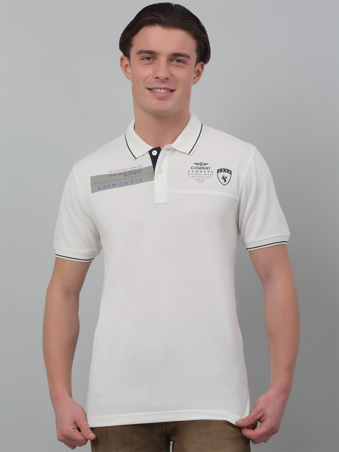 

Cantabil Typography Printed Polo Collar Half Sleeves Cotton T-Shirt, Off white