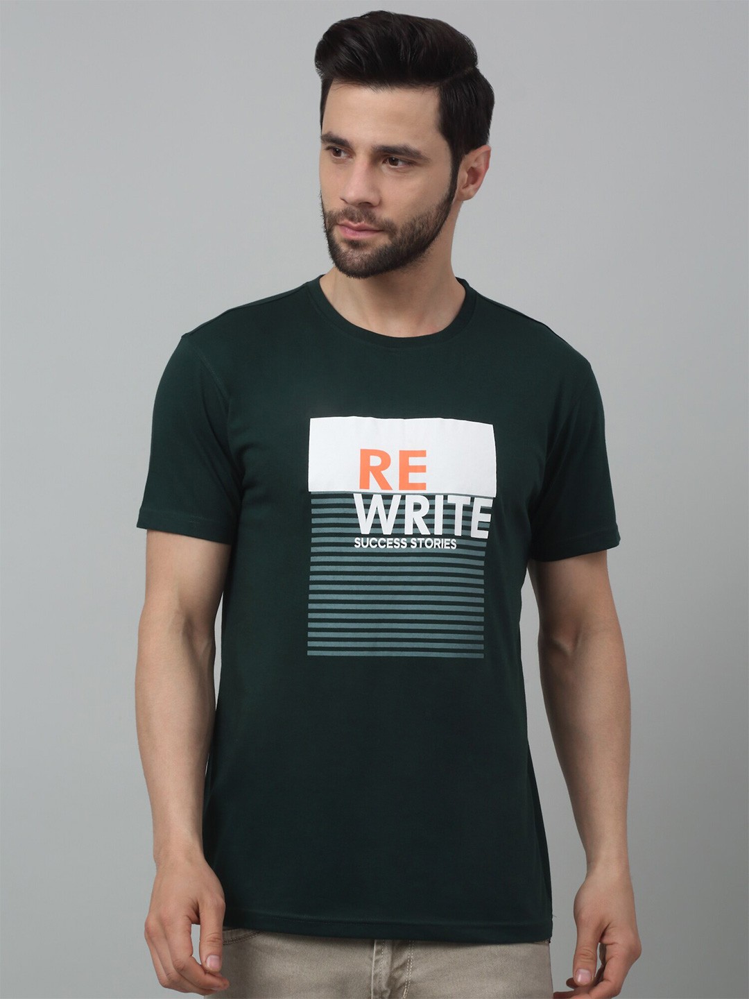

Cantabil Typography Printed Round Neck Half Sleeves Cotton T-Shirt, Green