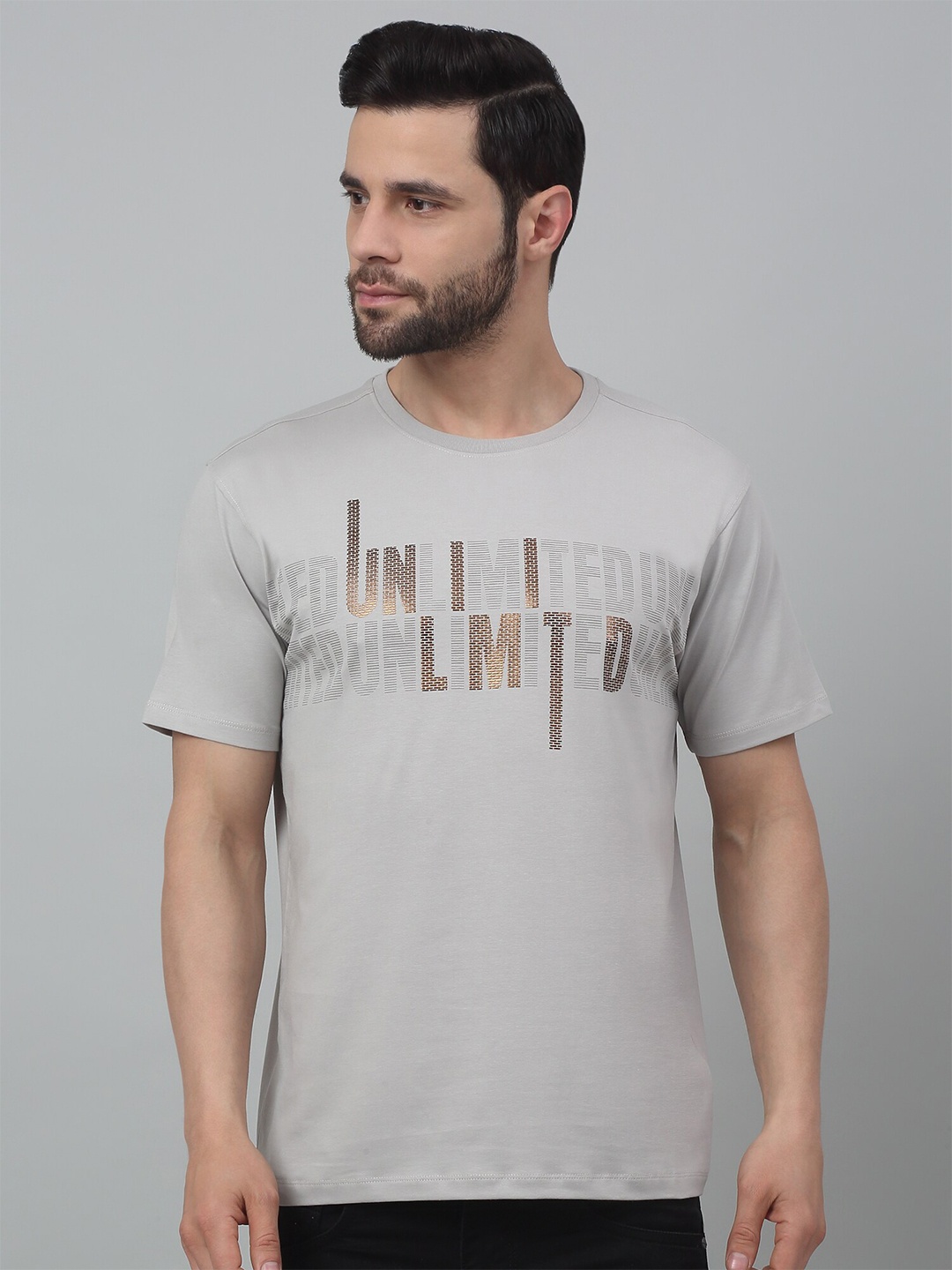 

Cantabil Typography Printed Round Neck Half Sleeves Cotton T-Shirt, Grey