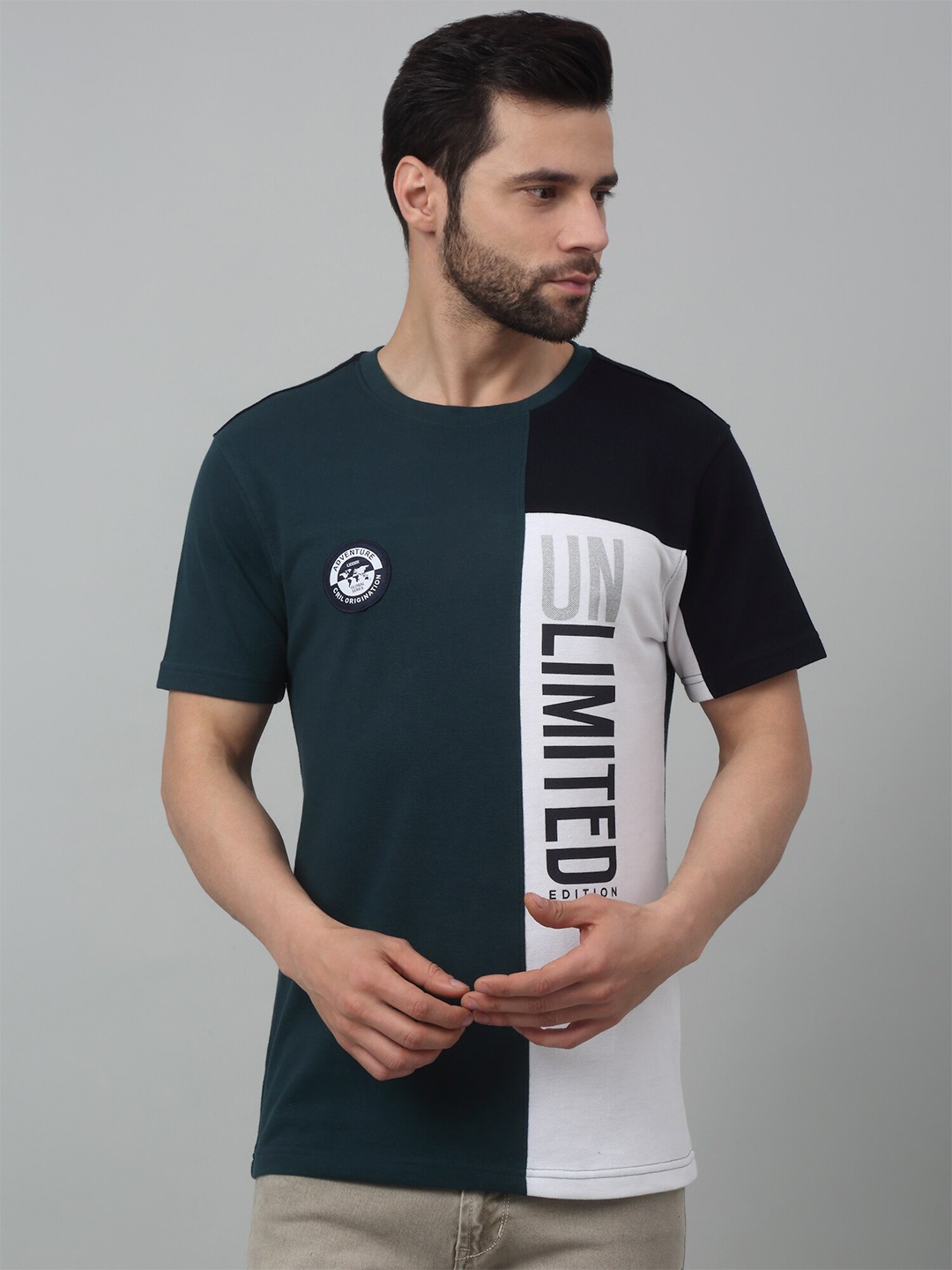 

Cantabil Colourblocked Round Neck Half Sleeves Cotton T-Shirt, Teal