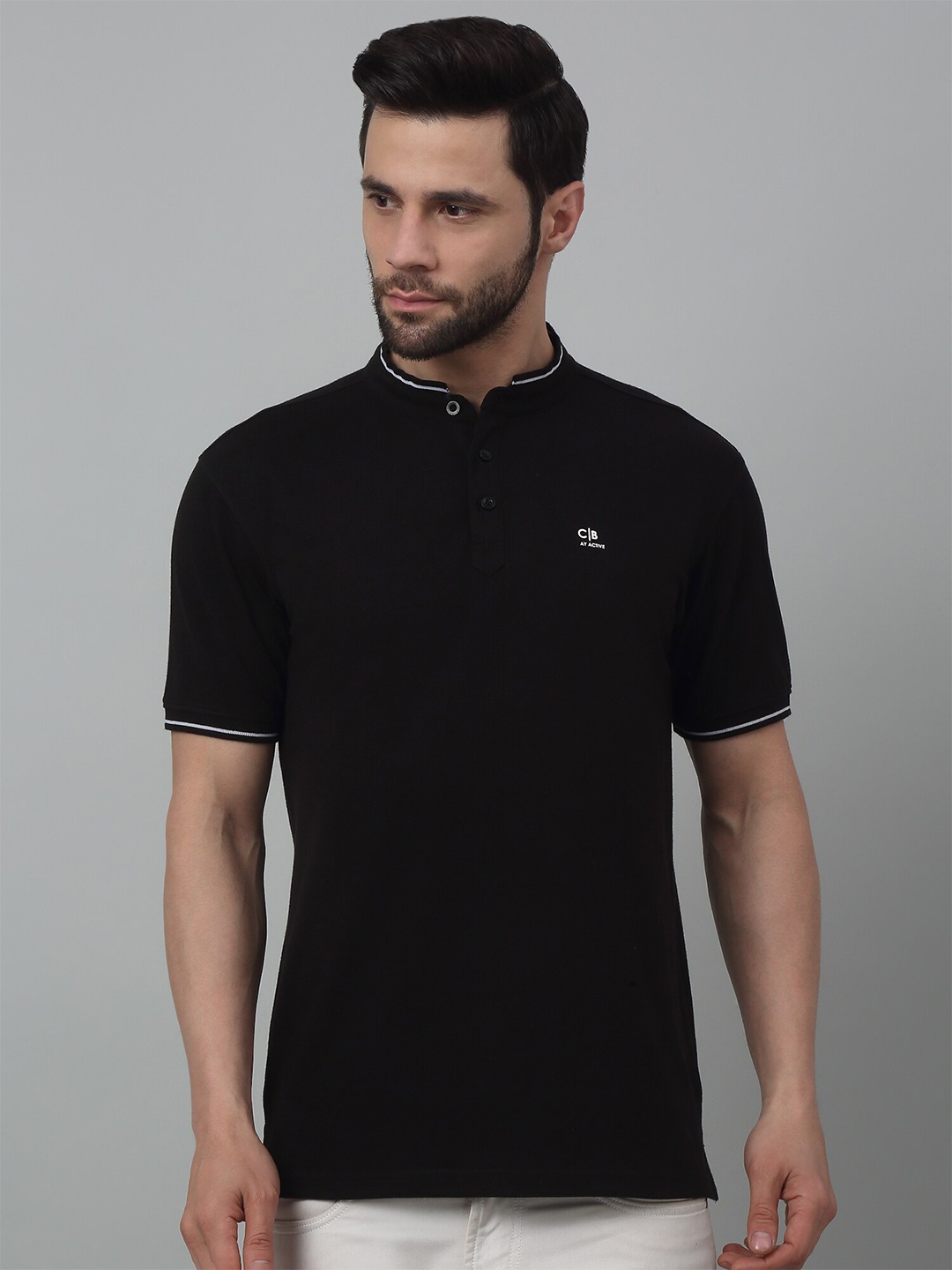 

Cantabil Mandarin Collar Half Sleeves Cotton T-Shirt, Black