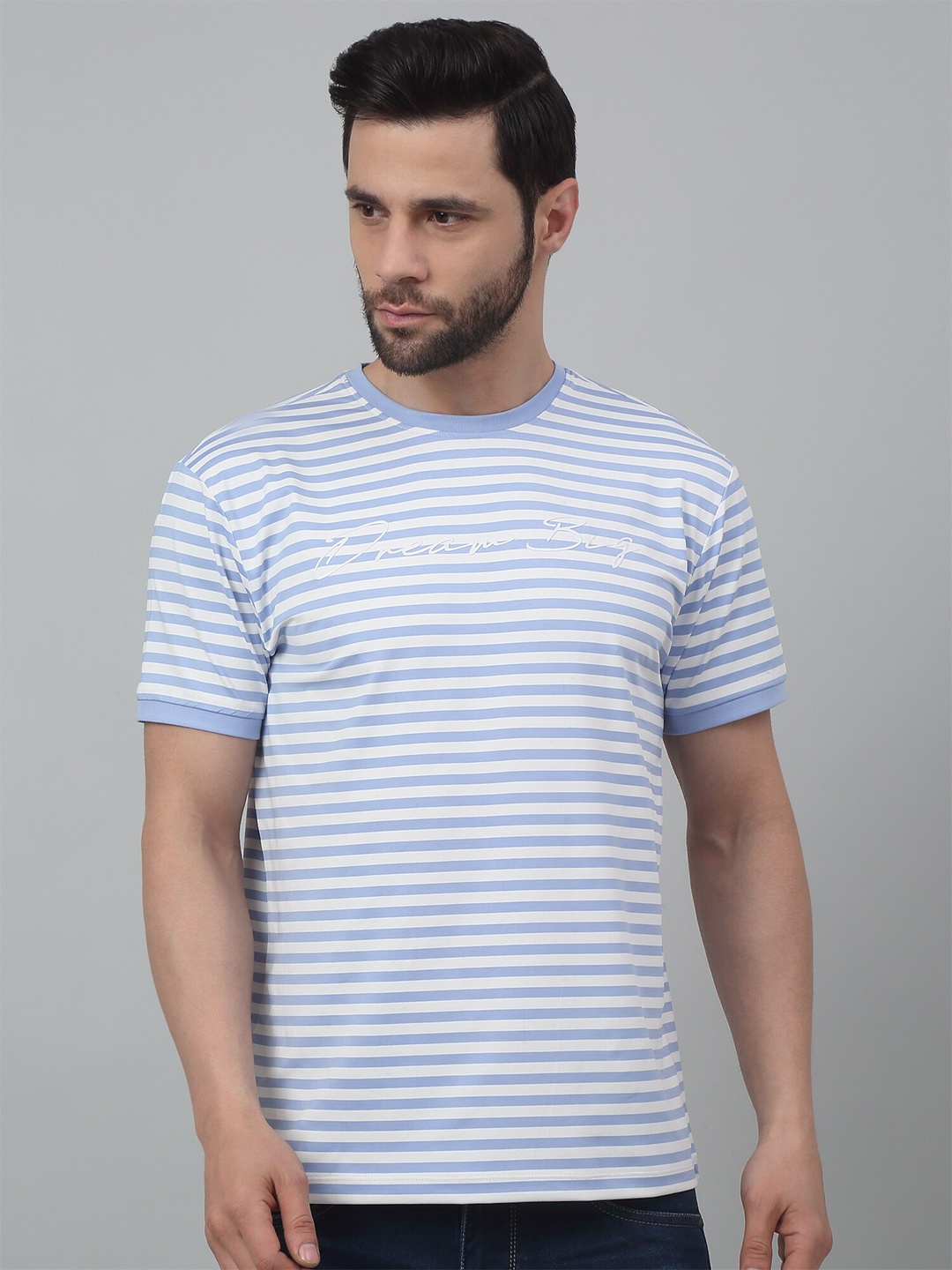

Cantabil Striped Round Neck Half Sleeves Cotton T-Shirt, Blue