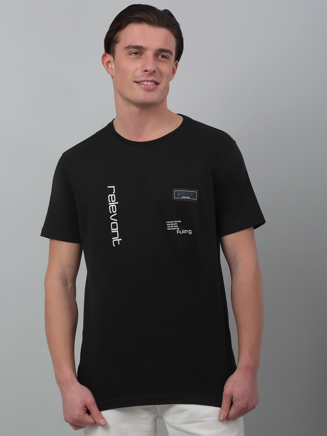 Cantabil Typography Printed Round Neck Short Sleeves T-shirt, Black