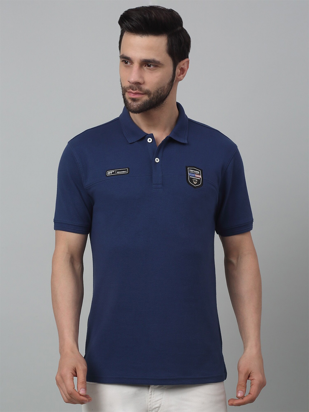 

Cantabil Polo Collar Applique Cotton T-shirt, Blue