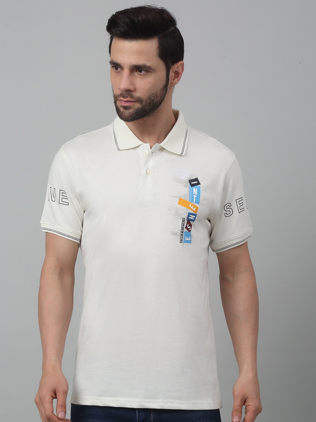 

Cantabil Polo Collar Short Sleeves Applique Cotton T-shirt, Off white