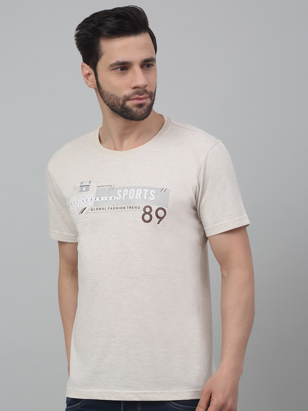 Cantabil Typography Printed Round Neck Short Sleeves Cotton T-shirt, Cream