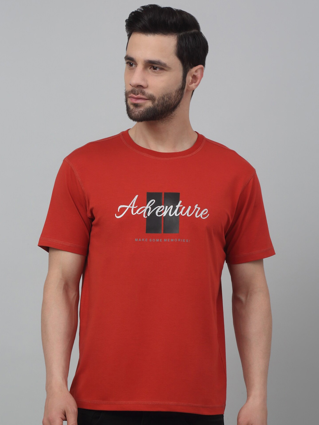 

Cantabil Typography Printed Round Neck Short Sleeves Cotton T-shirt T-shirt, Rust