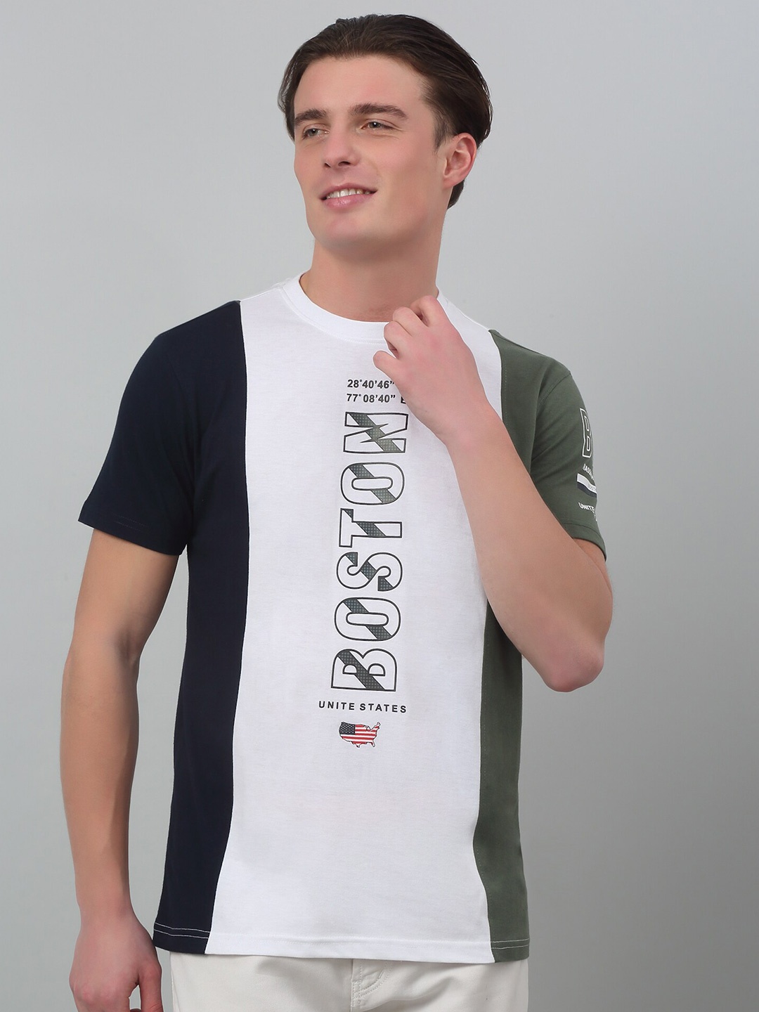 

Cantabil Colourblocked Typography Printed Round Neck Short Sleeves Cotton T-shirt, White