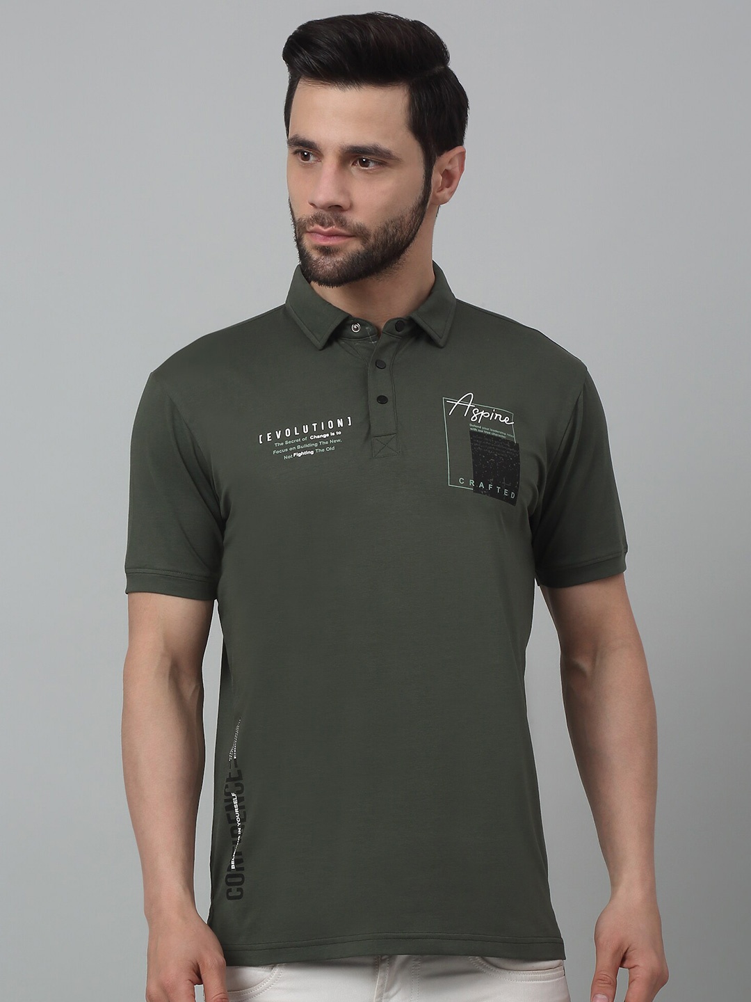 

Cantabil Typography Printed Polo Collar Half Sleeves Cotton T-Shirt, Olive