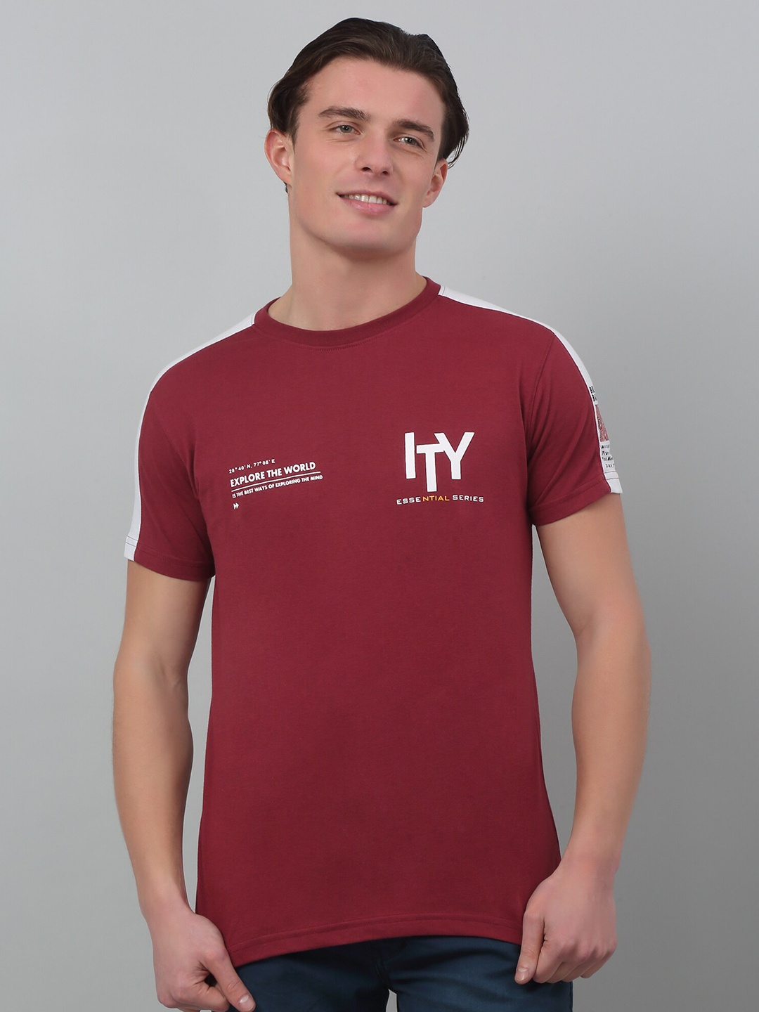 Cantabil Typography Printed Round Neck Cotton T-shirt, Maroon