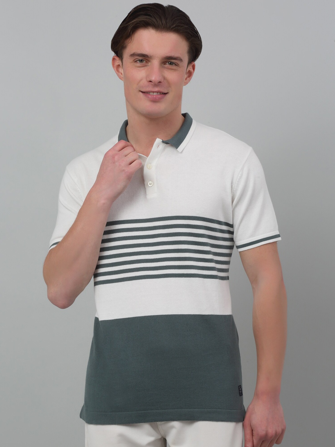 

Cantabil Striped Polo Collar Half Sleeves Pure Cotton T-Shirt, White