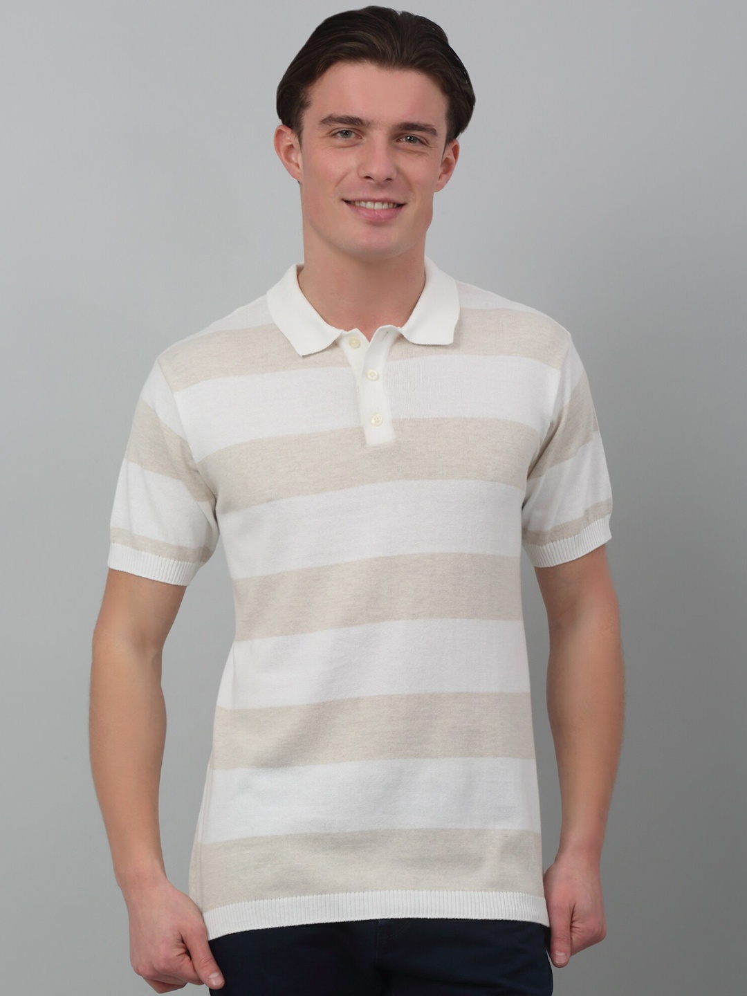 

Cantabil Striped Polo Collar Half Sleeves Cotton T-Shirt, Off white