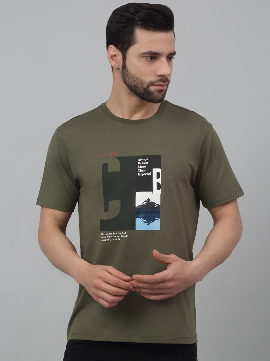Cantabil Typography Printed Round Neck Cotton T-shirt, Olive