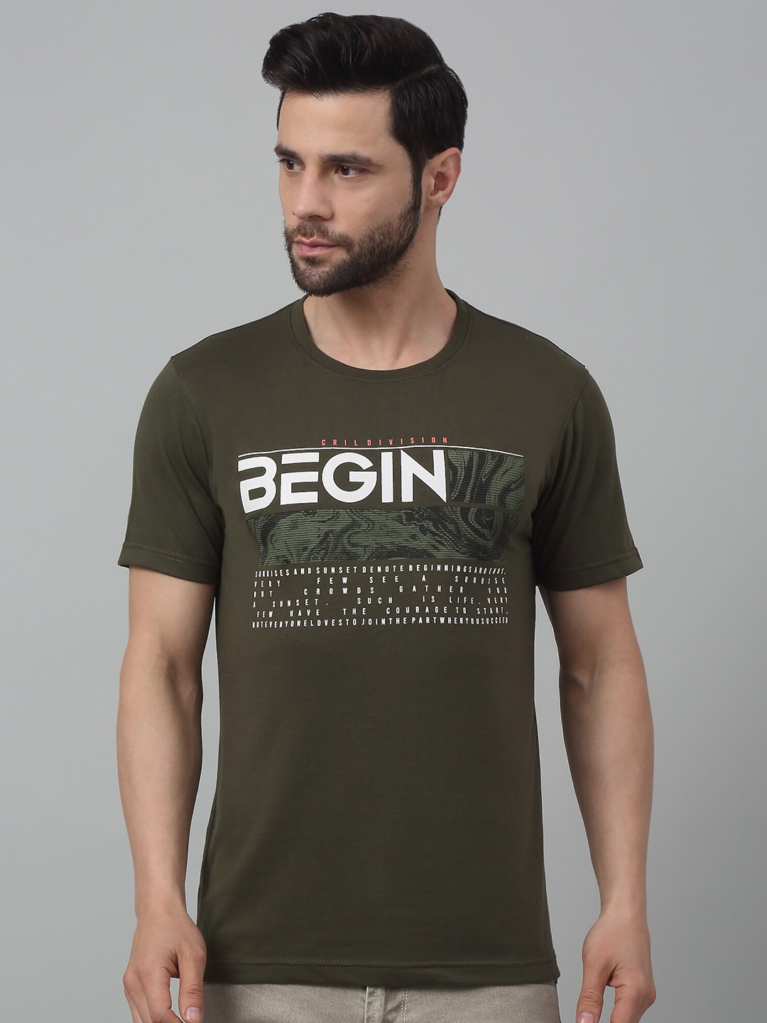 

Cantabil Typography Printed Round Neck Cotton T-shirt, Olive