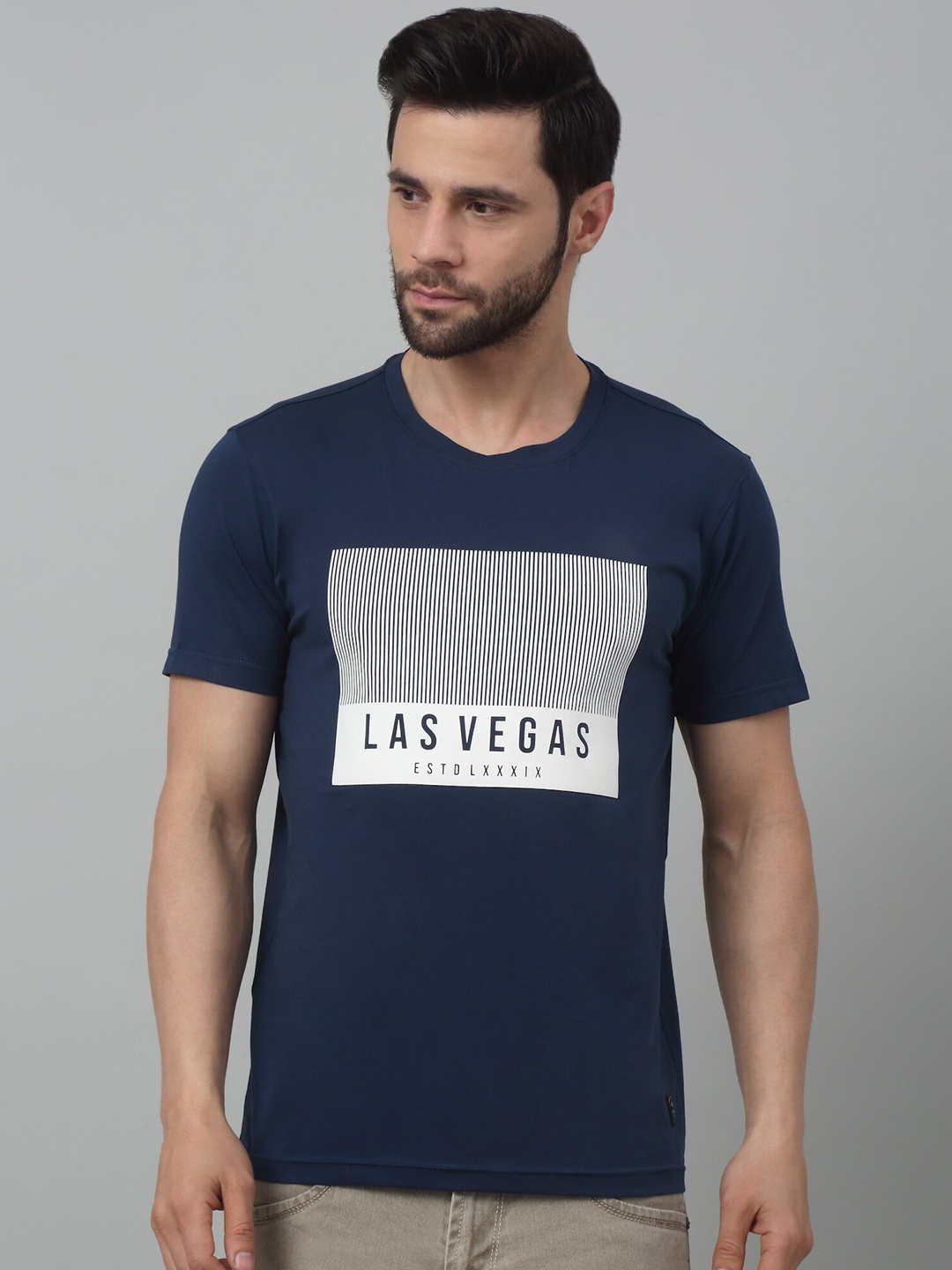 Cantabil Typography Printed Round Neck Cotton T-shirt, Blue