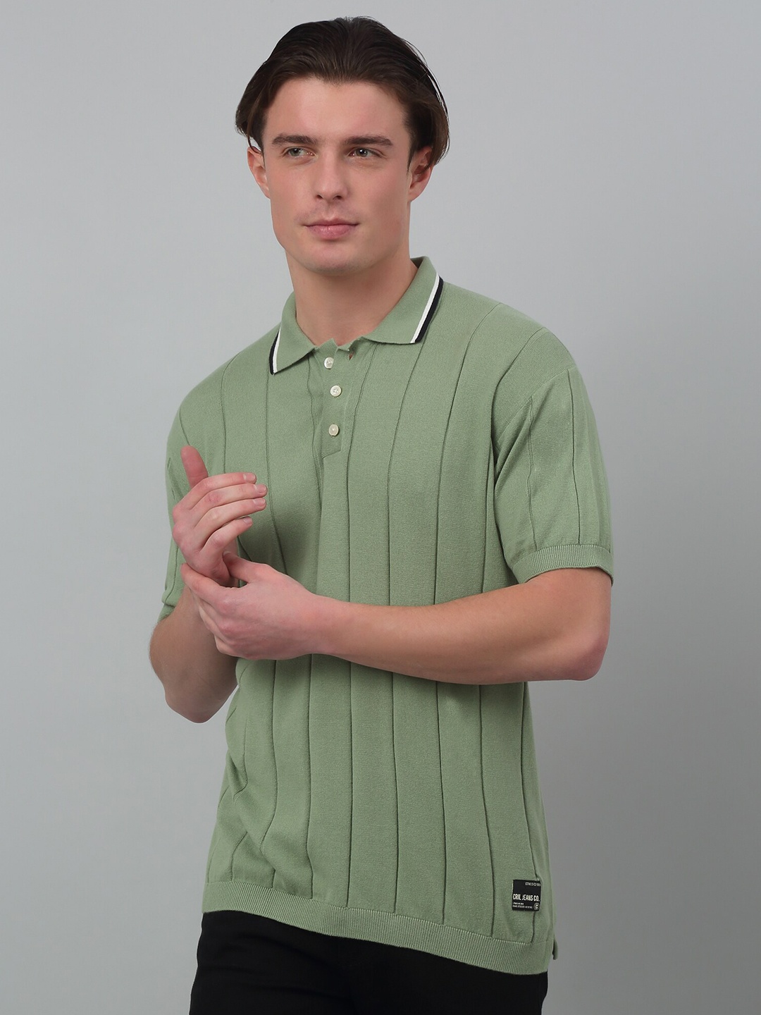 

Cantabil Striped Polo Collar Half Sleeves Cotton T-Shirt, Green