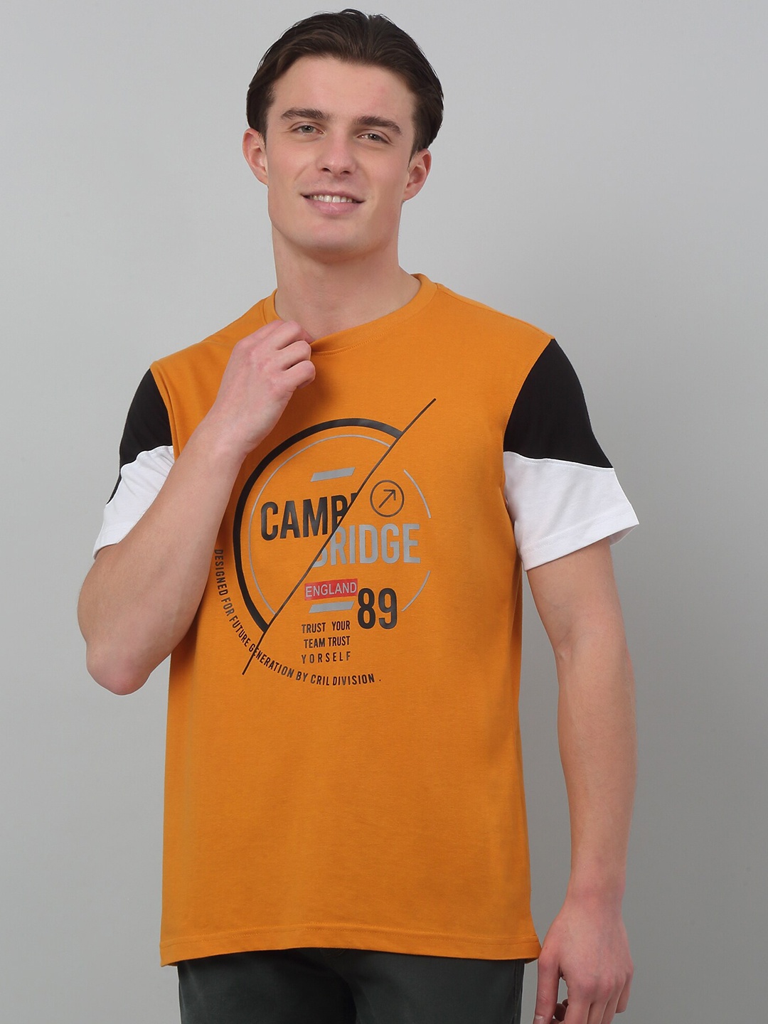 

Cantabil Typography Printed Round Neck Cotton T-shirt, Mustard