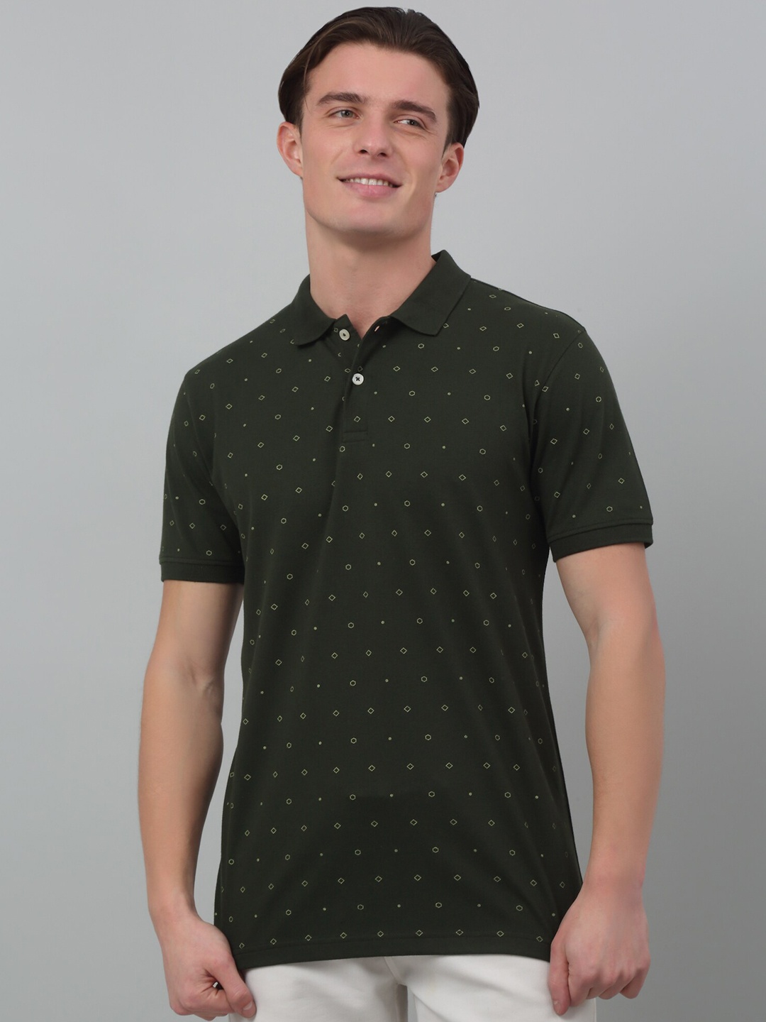 

Cantabil Geometric Printed Polo Collar Half Sleeves Cotton T-Shirt, Green