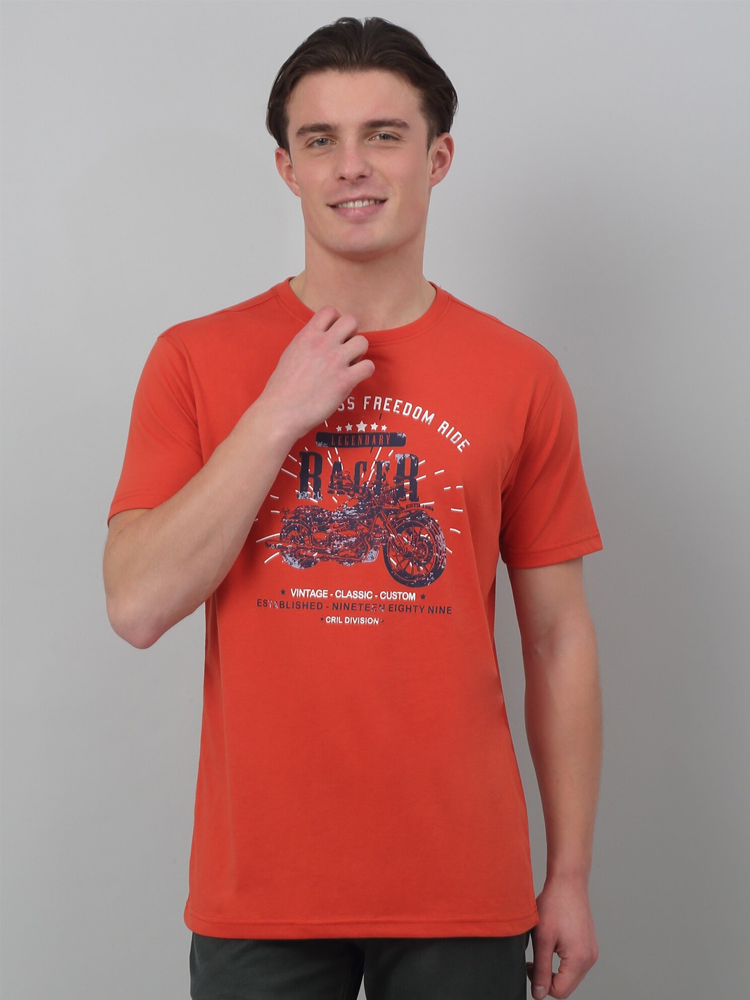 

Cantabil Typography Printed Round Neck Cotton T-shirt, Orange