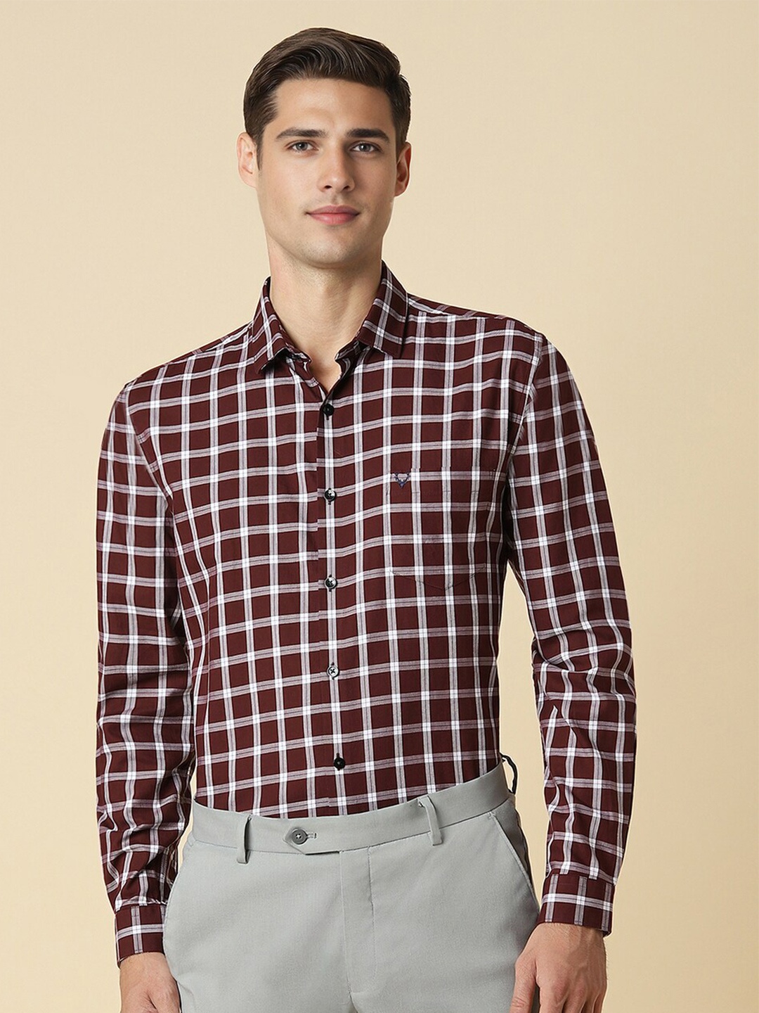 

Allen Solly Men Slim Fit Tartan Checks Spread Collar Cotton Formal Shirt, Maroon