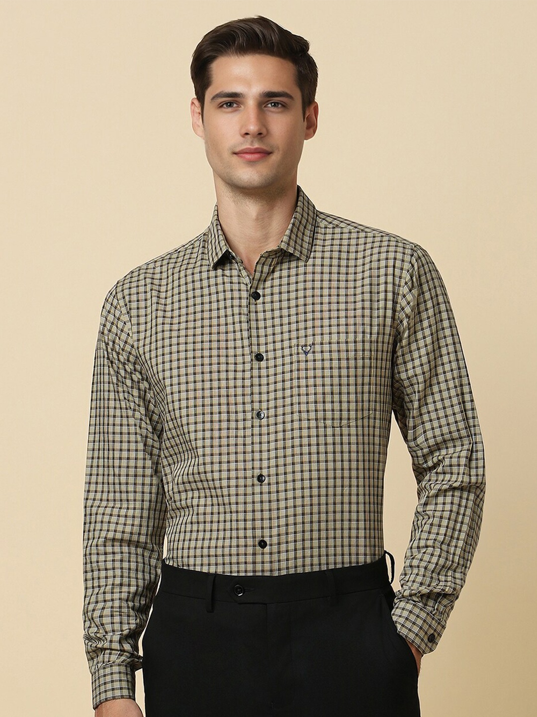 

Allen Solly Slim Fit Checked Spread Collar Cotton Formal Shirt, Olive