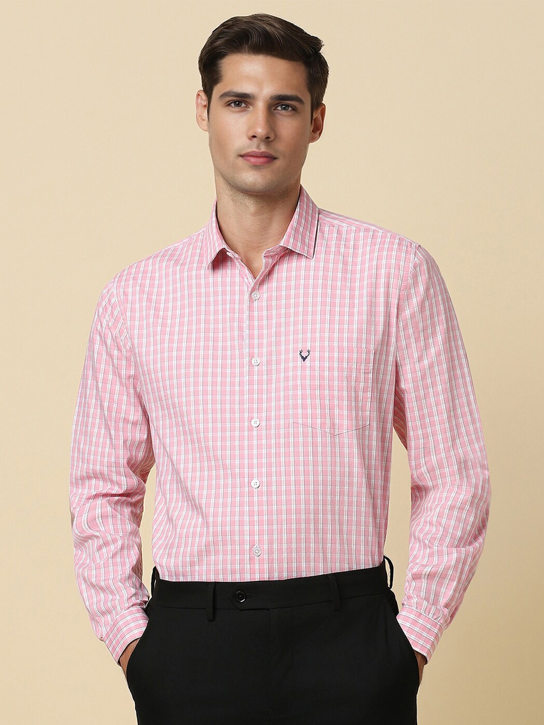 

Allen Solly Slim Fit Grid Tattersall Checks Spread Collar Cotton Formal Shirt, Pink