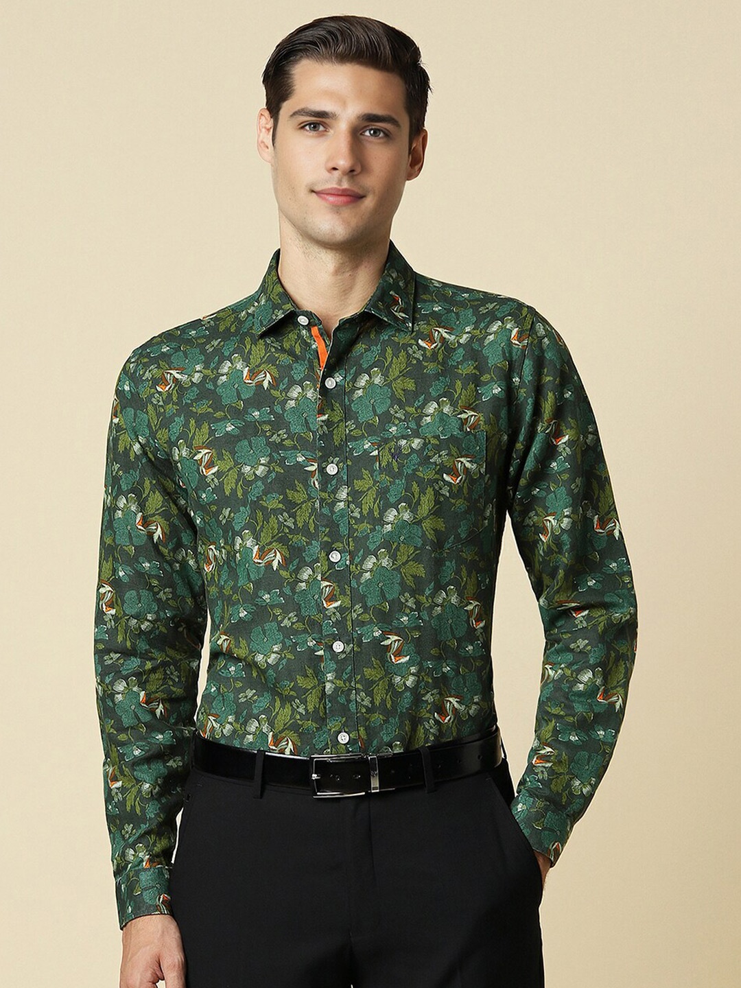 Allen Solly Slim Fit Floral Printed Opaque Formal Shirt, Green