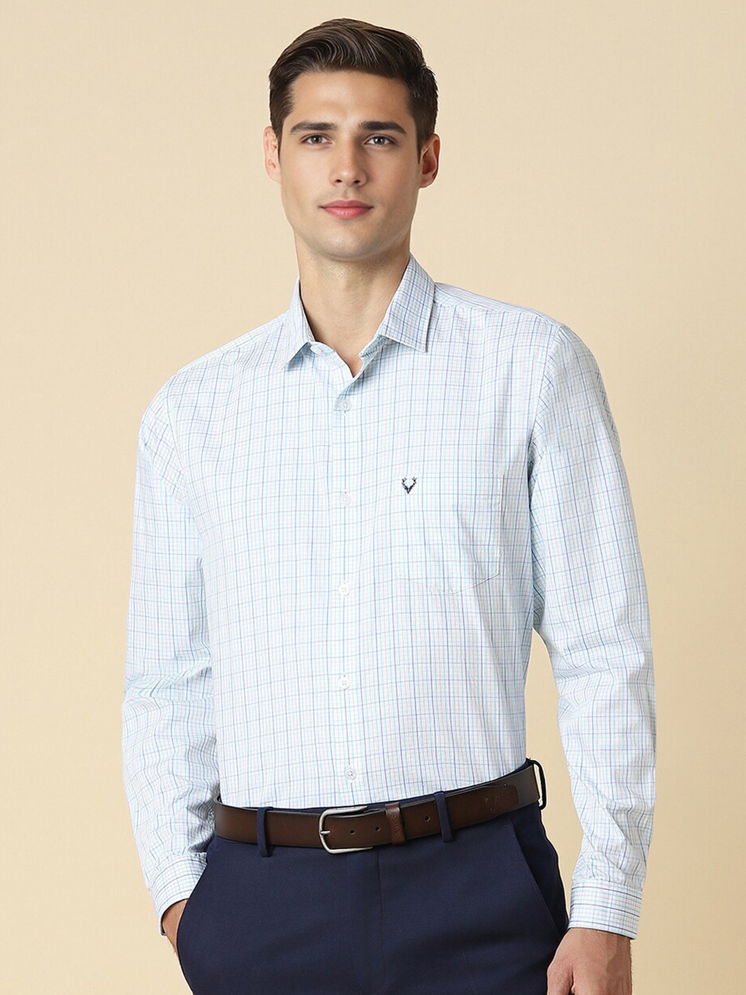 

Allen Solly Grid Tattersall Checks Printed Cotton Slim Fit Formal Shirt, Blue