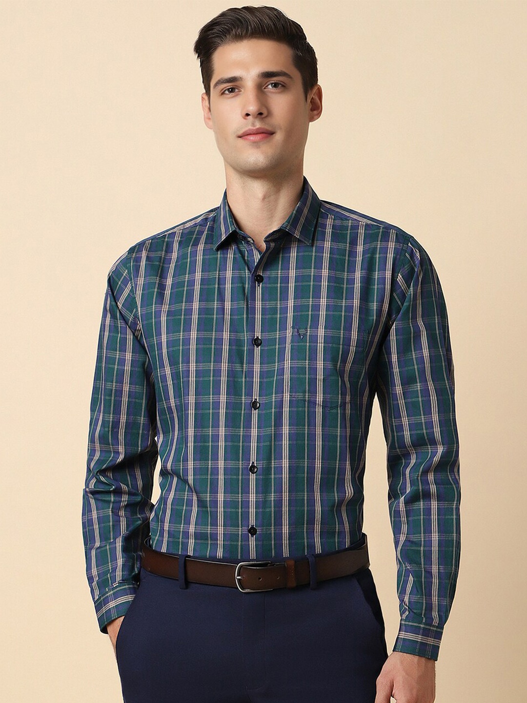 

Allen Solly Slim Fit Checked Spread Collar Cotton Formal Shirt, Green