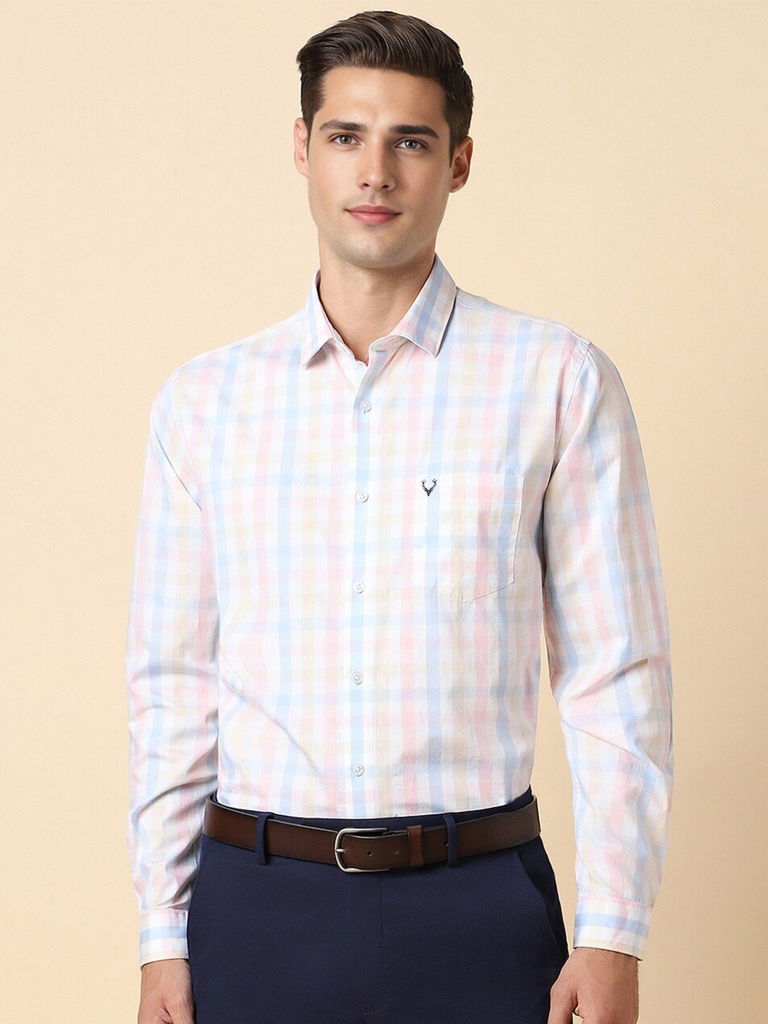 

Allen Solly Slim Fit Checked Spread Collar Cotton Formal Shirt, Blue