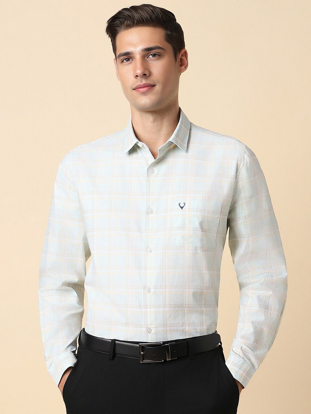 

Allen Solly Slim Fit Opaque Checked Pure Cotton Formal Shirt, Green