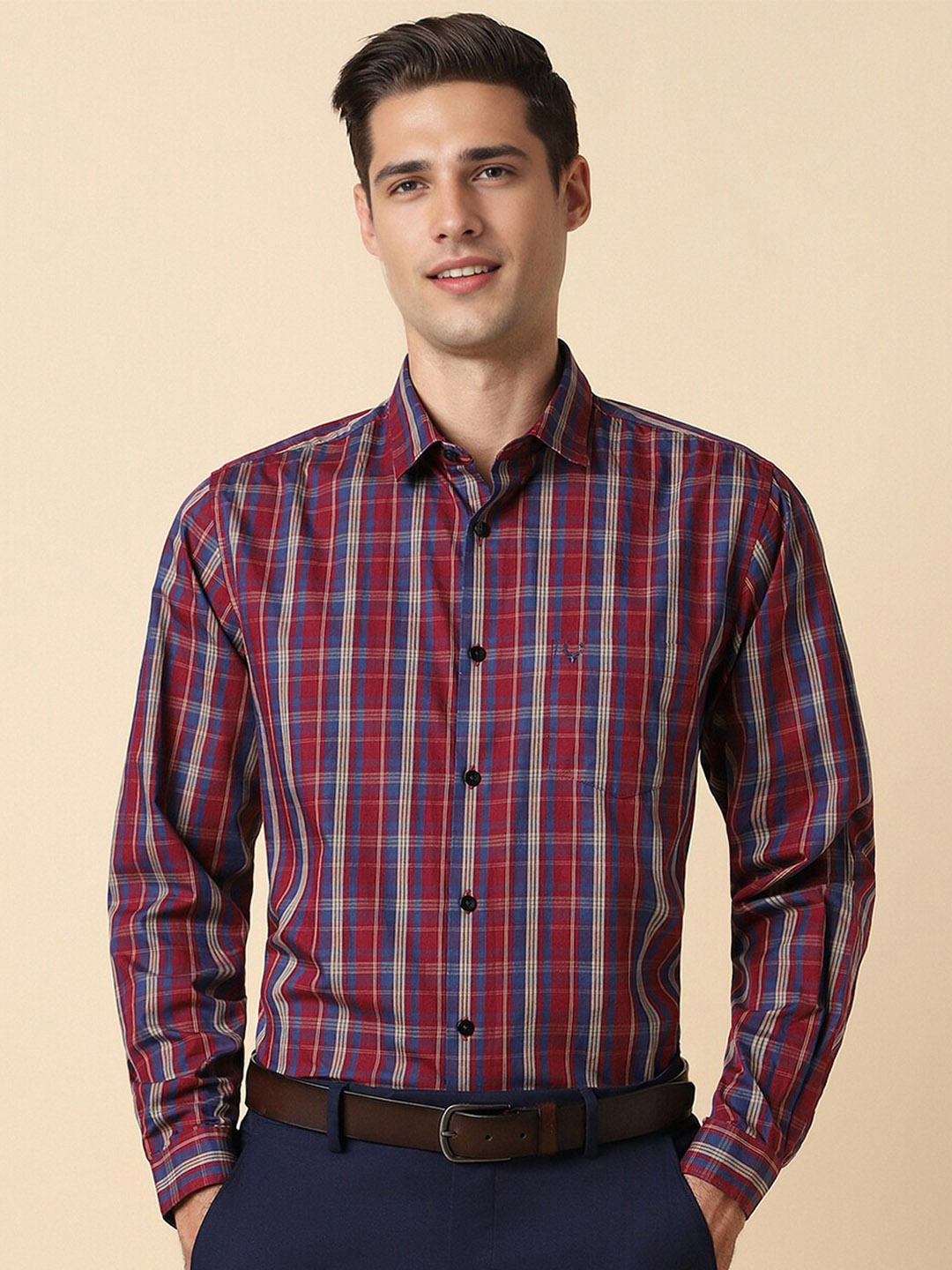 

Allen Solly Slim Fit Tartan Checks Spread Collar Cotton Formal Shirt, Maroon