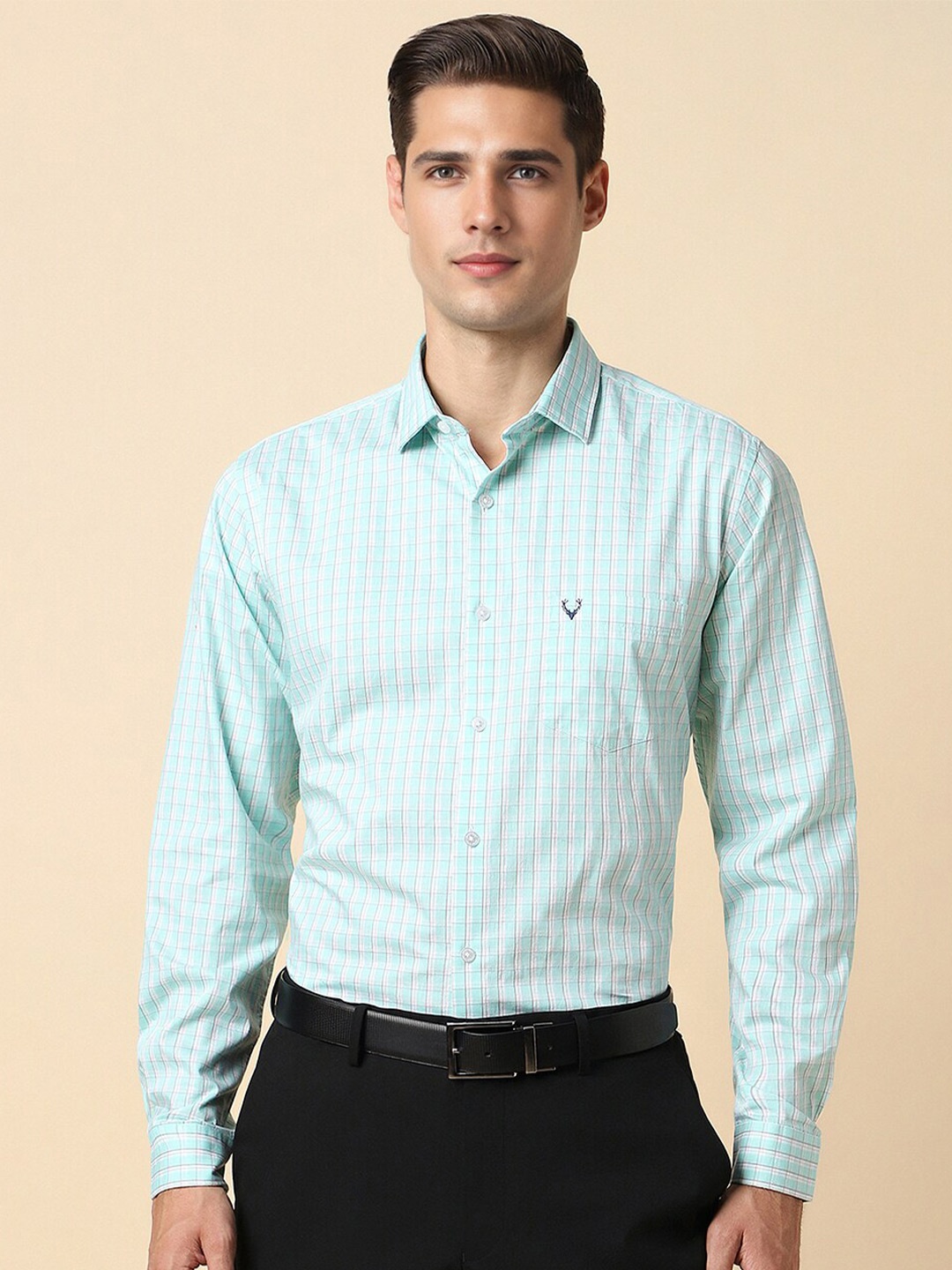 

Allen Solly Slim Fit Grid Tattersall Checked Spread Collar Long Sleeves Cotton Shirt, Green