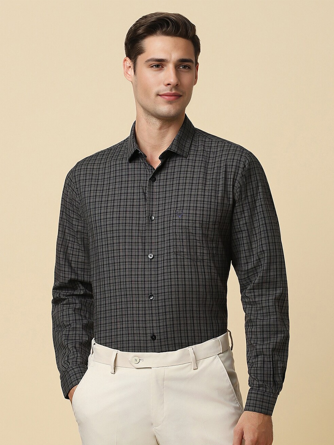 

Allen Solly Slim Fit Grid Tattersall Checked Opaque Cotton Formal Shirt, Grey