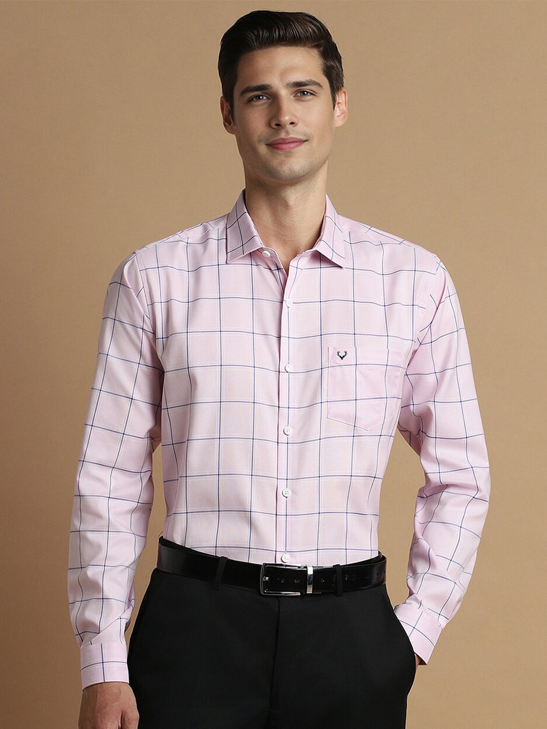 

Allen Solly Slim Fit Windowpane Checks Spread Collar Cotton Formal Shirt, Pink