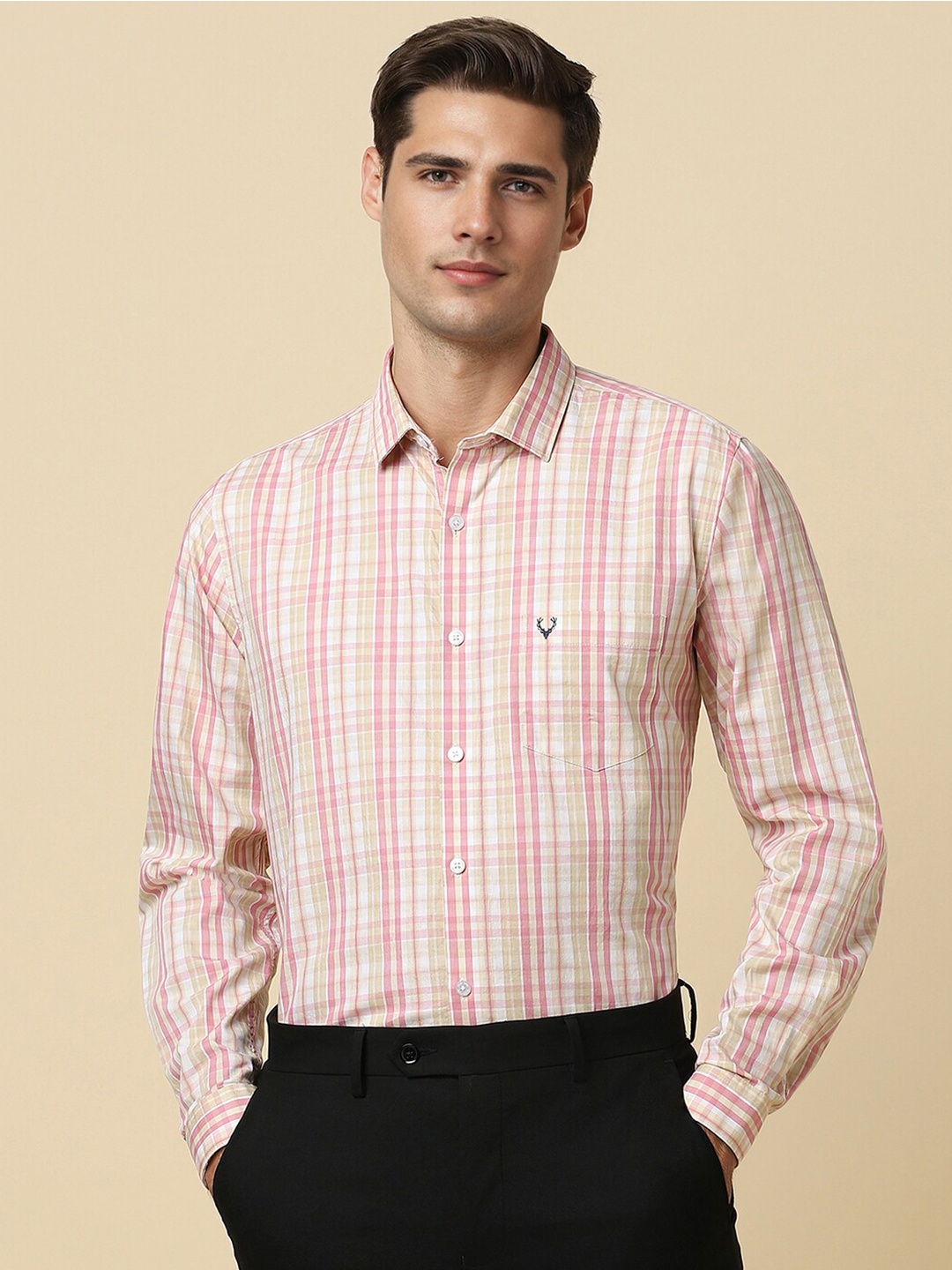 

Allen Solly Slim Fit Tartan Checks Spread Collar Cotton Formal Shirt, Beige