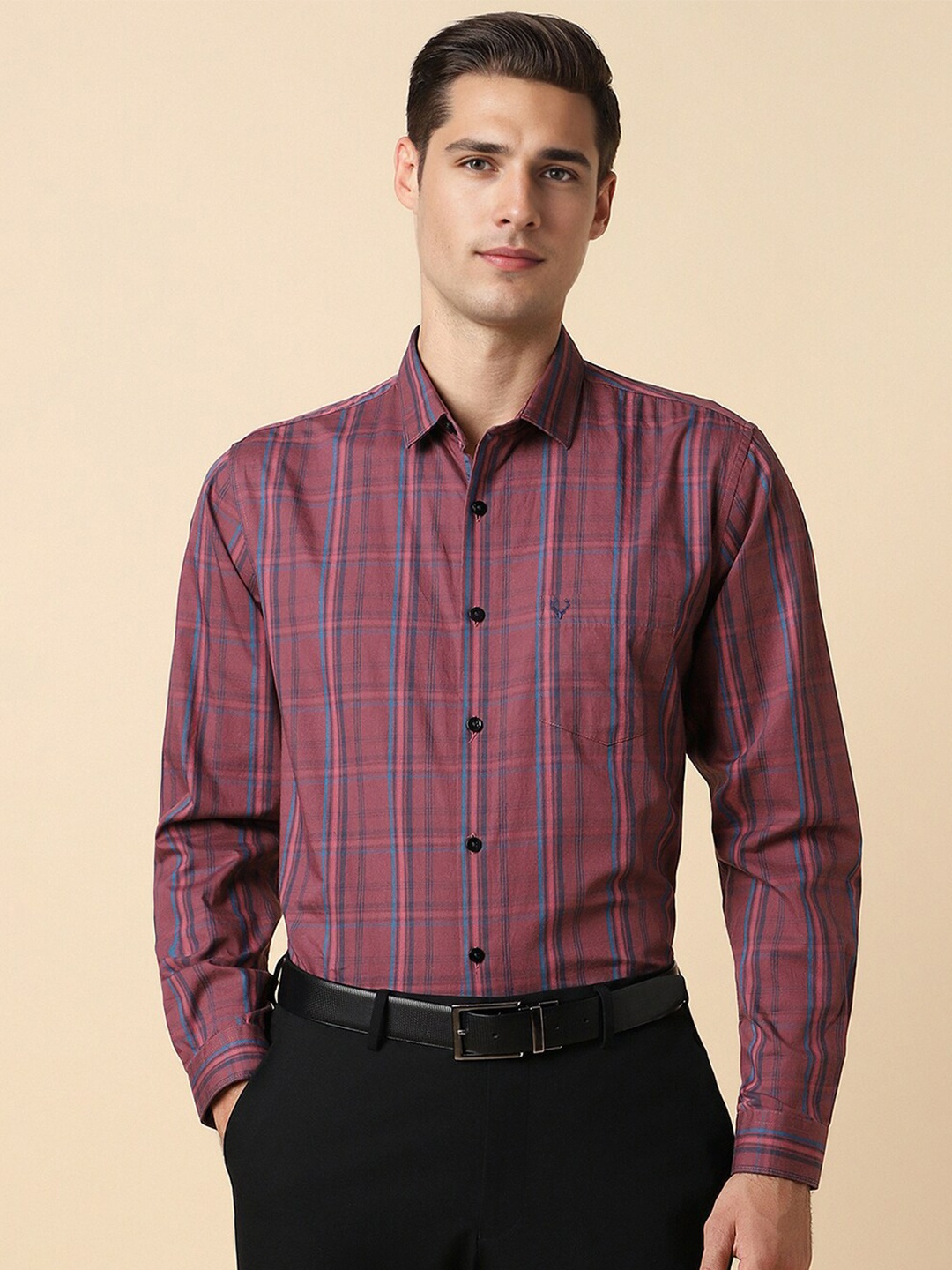 

Allen Solly Men Slim Fit Checked Spread Collar Cotton Formal Shirt, Maroon