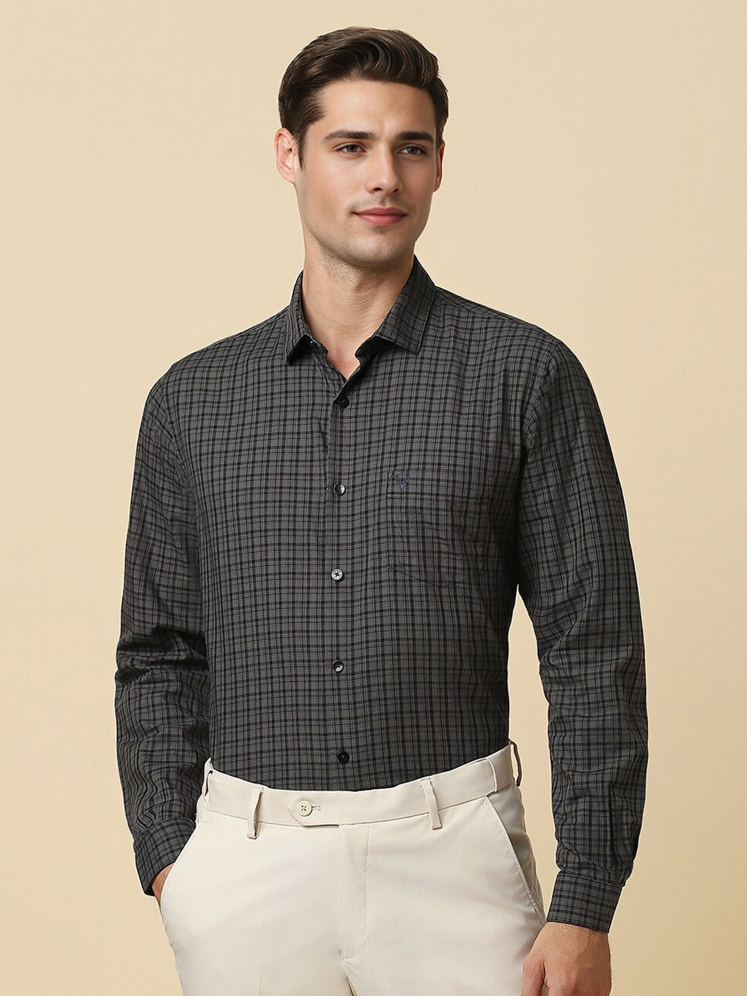 

Allen Solly Slim Fit Grid Tattersall Checks Spread Collar Cotton Formal Shirt, Grey