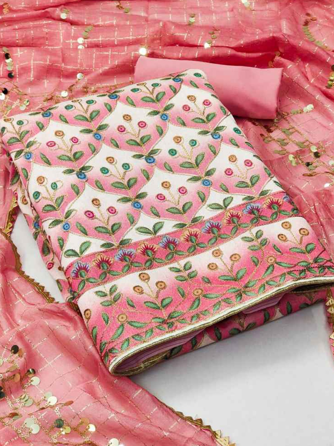 

faxofab Ethnic Motifs Printed Silk Georgette Unstitched Dress Material, Pink